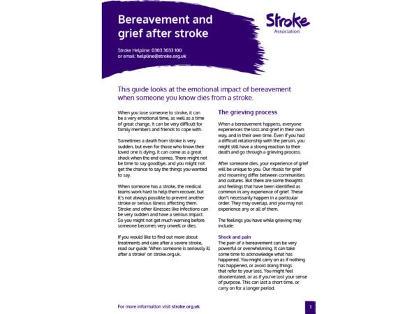 Bereavement and grief after stroke guide, cover image