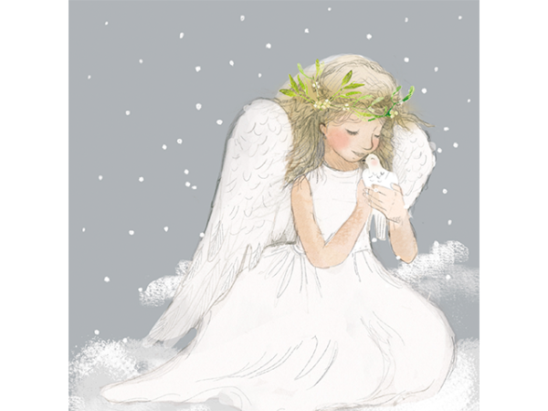 A young angel sitting in the snowfall, with a dove in their hands.