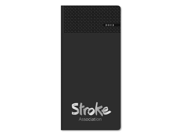 Stroke Association Diary 2022. A black diary book with silver lettering on the cover.
