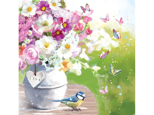 Illustrated design of a white vase full of colourful flowers, surrounded by butterflies and a small blue bird perching nearby.