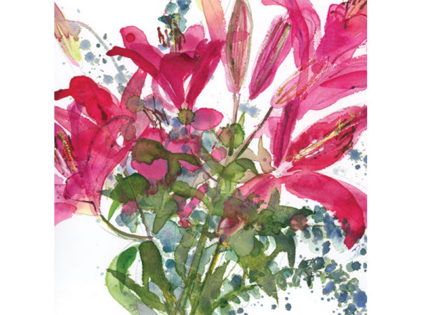 Illustrated design of red lilies.