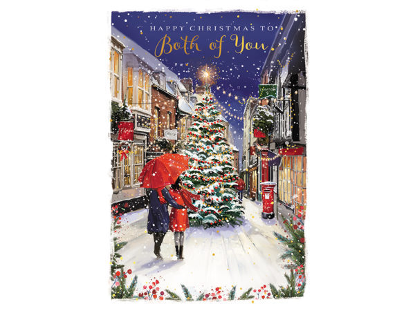 Illustrated design of a couple standing in front of a Christmas tree, holding an umbrella during a snowy evening.