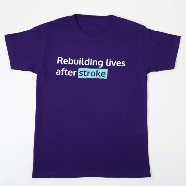 Rebuilding Lives purple t-shirt. Text on it reads: "Rebuilding lives after stroke."