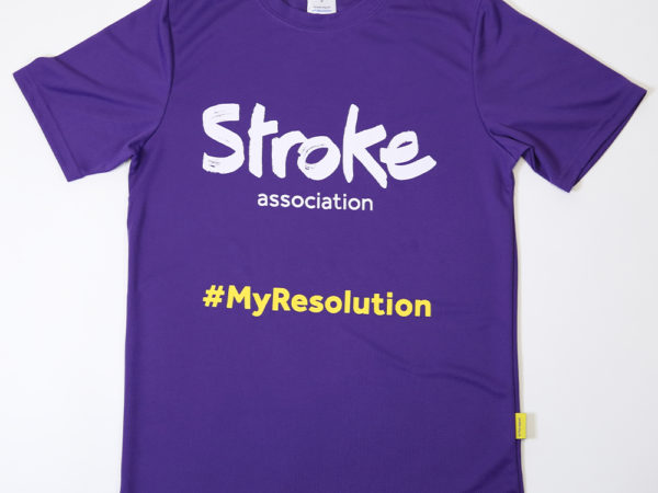 Resolution Run purple t-shirt. Text on it: "Stroke Association #MyResolution"
