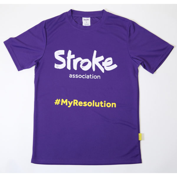 Resolution Run purple t-shirt. Text on it: "Stroke Association #MyResolution"