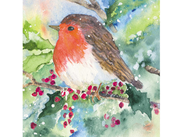 Illustrated art of a red-breasted Robin perching on a tree branch.