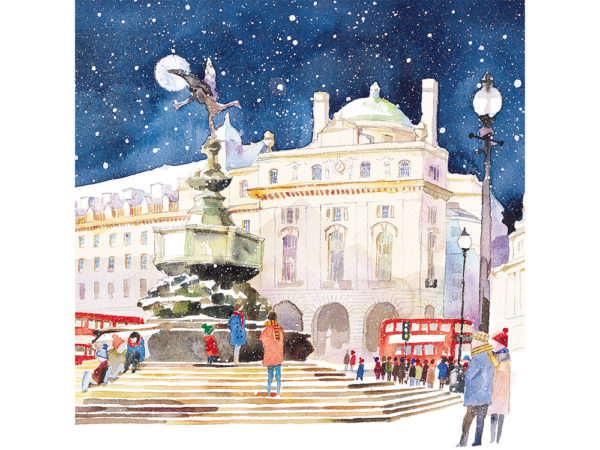 Illustrated design depicting Piccadilly, London, during a snowy evening.
