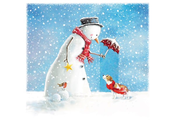 Illustrated design of a snowman holding an umbrella over a small dog during falling snow.