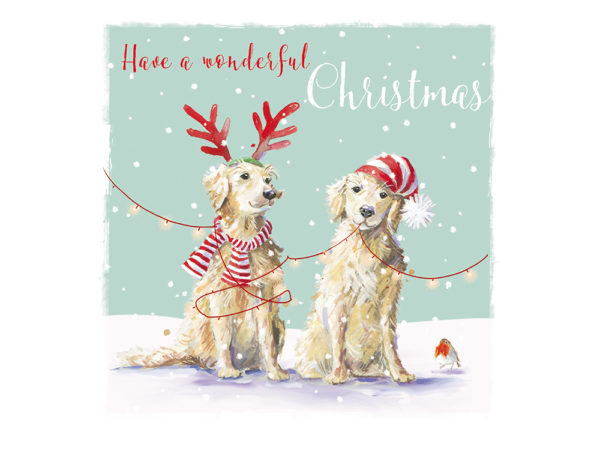 Illustrated design of two dogs wrapped in Christmas decorations, including a scarf, hat and Christmas tree lights. A small robin stands close-by.