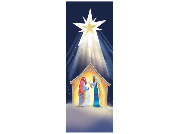 Illustrated design of the nativity scene, with a large star above the family.