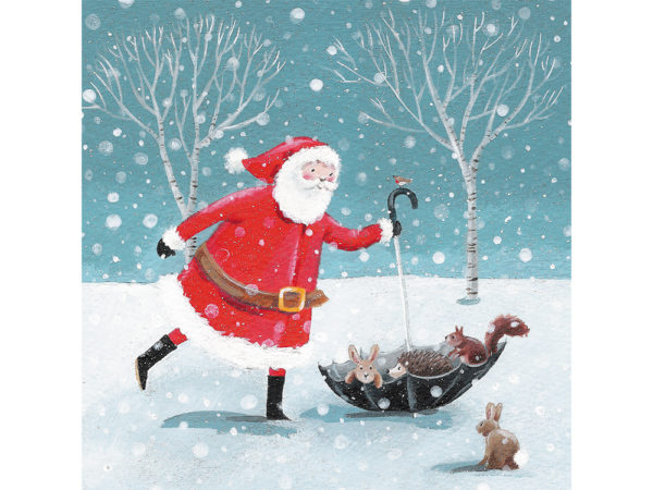 Illustrated design of Santa holding an umbrella upside down, carrying several woodland animals above a snowy field.