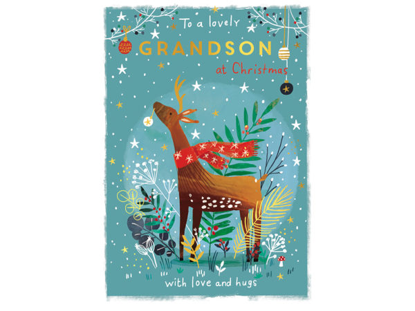 Illustrated design of a reindeer amongst plants and Christmas ornaments.