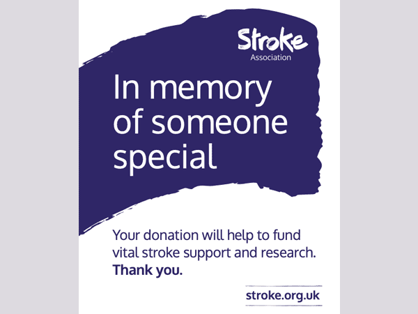 Front of a collection envelope. Text reads "In memory of someone special. Your donation will help to fun vital stroke support and research. Thank you."