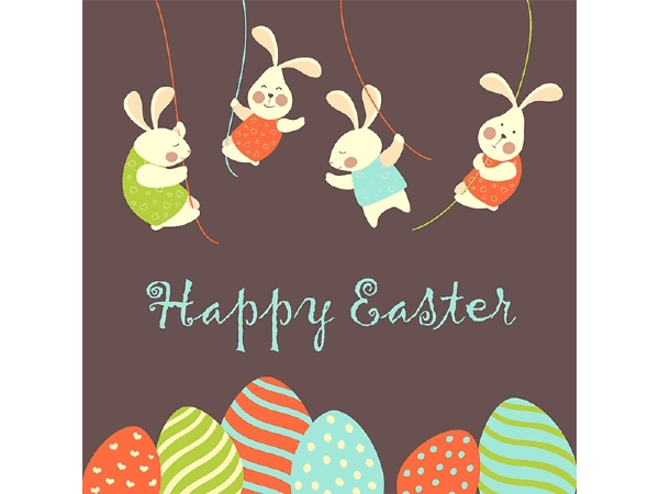 Card with cartoon rabbits and Easter eggs with the words "Happy Easter" on it