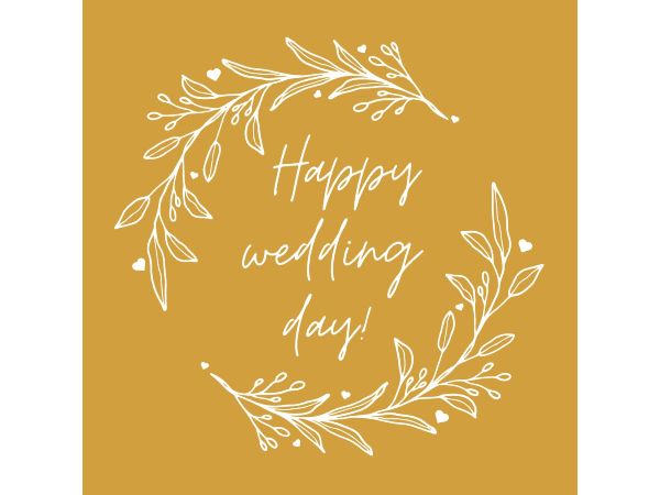 eCard with stylised plants making a wreath around text that reads "Happy wedding day!"