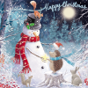 Illustration of a snowman and a hedgehog exchanging gifts. Text reads "Happy Christmas"