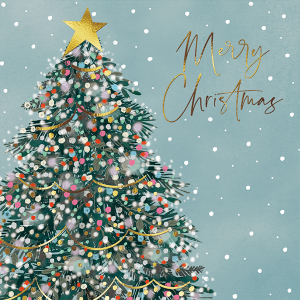 Illustration of a Christmas tree with gold accents. Text reads "Merry Christmas"