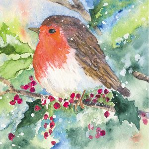 Illustration of a robin sitting on a holly branch.