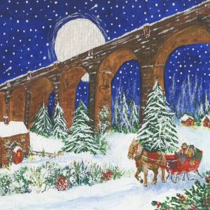 Illustration of a horse pulling a sleigh below a viaduct.