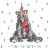 Illustration of a bear in a santa hat, surrounded by snowflakes. Text reads "Merry Christmas"