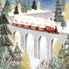 Illustration of steam train going over a viaduct. Text in the steam reads "Merry Christmas"