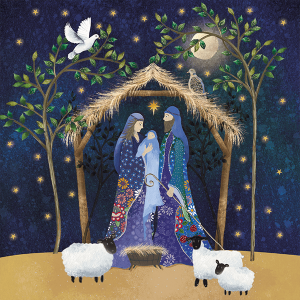 Illustration of Mary, Joseph and baby Jesus in a stylised stable with sheep around them