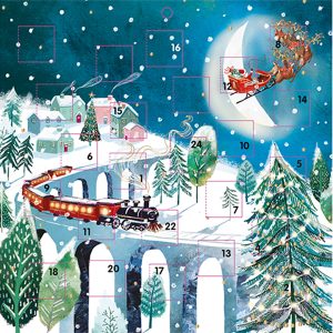 A train on a viaduct with Santa's sleigh flying above