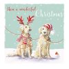 Illustrated design of two dogs wrapped in Christmas decorations and tree lights. A small robin stands close-by.