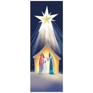 Illustrated design of the nativity scene, with a large star above the family.