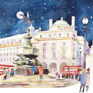 Illustrated design depicting Piccadilly, London, during a snowy evening.