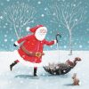 Illustrated design of Santa holding an umbrella upside down, carrying several woodland animals above a snowy field.