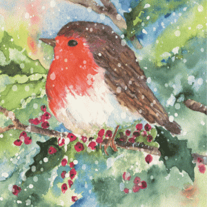 Illustration of a robin sitting on a holly branch. Animated snow falls in the foreground