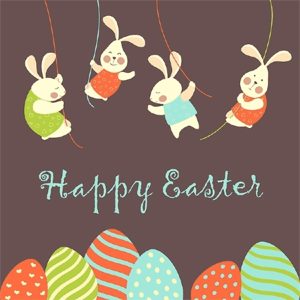 Illustrated bunnies and eggs with the words "Happy Easter"