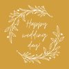 Illustrated wreath with the words "Happy wedding day" in the middle