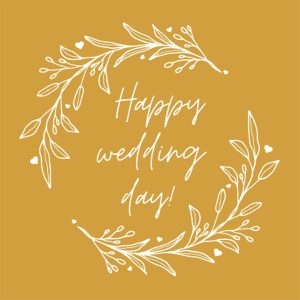 Illustrated wreath with the words "Happy wedding day" in the middle