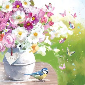 Illustration of a bouquet of flowers with a blue tit on the tablet next to it