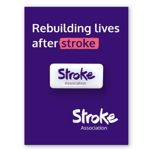 White pin with Stroke Association logo on it. Card behind says "Rebuilding lives after stroke"