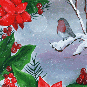 Illustrated robin sitting on a snowy branch, animated snow is falling