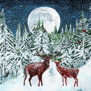 Illustration of two deer in a snowy forest, under the moon