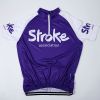 Purple cycling jersey with white sleeves and the Stroke Association logo