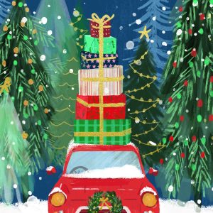 car in christmas scene carrying presents