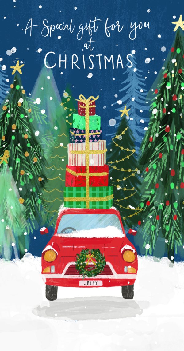 car in christmas scene carrying presents